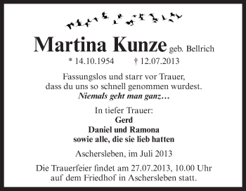 Traueranzeige von Martina Kunze von WVG - Wochenspiegel Aschersleben