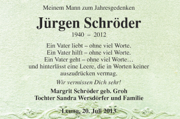 Traueranzeige von Jürgen Schröder von Super Sonntag Merseburg