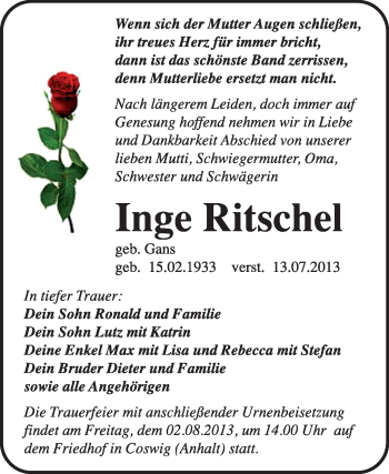 Traueranzeige von Inge Ritschel von Super Sonntag Wittenberg
