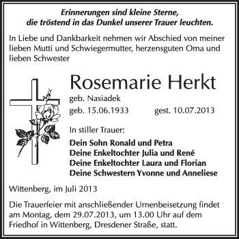 Traueranzeige von Rosemarie Herkt von WVG - Wochenspiegel Wittenberg