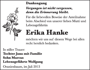 Traueranzeige von Erika Hanke von WVG - Wochenspiegel Wittenberg