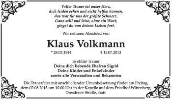 Traueranzeige von Klaus Volkmann von WVG - Wochenspiegel Wittenberg