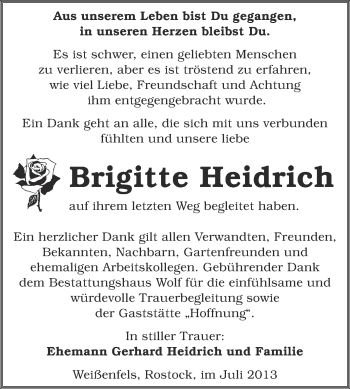 Traueranzeige von Brigitte Heidrich von WVG - Wochenspiegel NMB / WSF / ZTZ