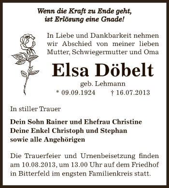 Traueranzeige von Elsa Döbelt von WVG - Wochenspiegel Bitterfeld
