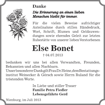 Traueranzeige von Else Bonet von Super Sonntag Bernburg