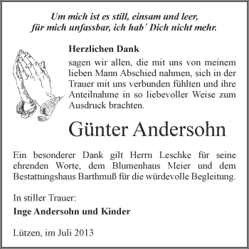Traueranzeige von Günter Andersohn von WVG - Wochenspiegel Merseburg