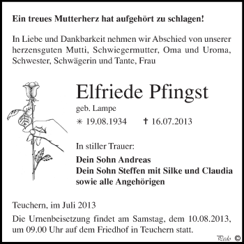 Traueranzeige von Elfriede Pfingst von WVG - Wochenspiegel NMB / WSF / ZTZ