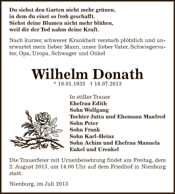 Traueranzeige von Wilhelm Donath von Super Sonntag Bernburg