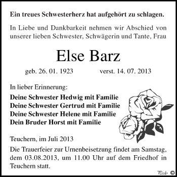 Traueranzeige von Else Barz von WVG - Wochenspiegel NMB / WSF / ZTZ