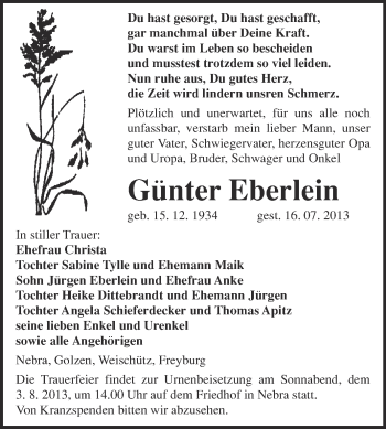 Traueranzeige von Günter Eberlein von WVG - Wochenspiegel NMB / WSF / ZTZ