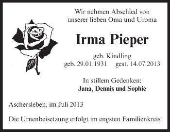 Traueranzeige von Irma Pieper von Super Sonntag Aschersleben