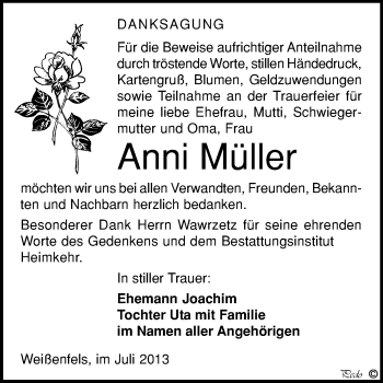 Traueranzeige von Anni Müller von WVG - Wochenspiegel NMB / WSF / ZTZ