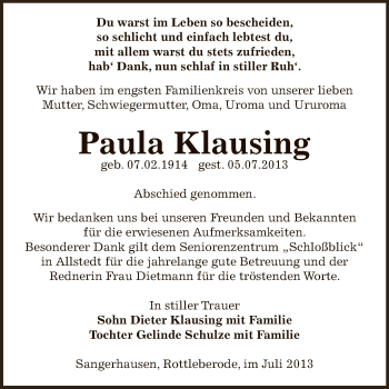 Traueranzeige von Paula Klausing von Super Sonntag SGH Mansf. Land