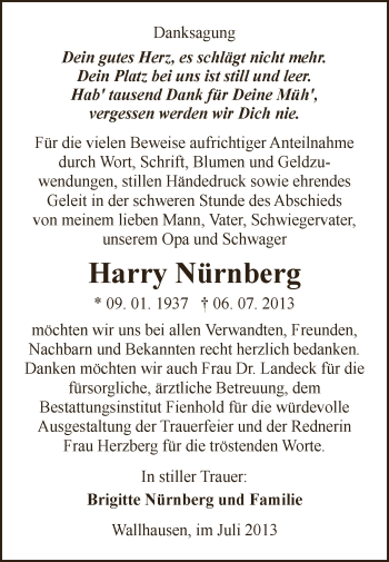 Traueranzeige von Harry Nürnberg von Super Sonntag SGH Mansf. Land