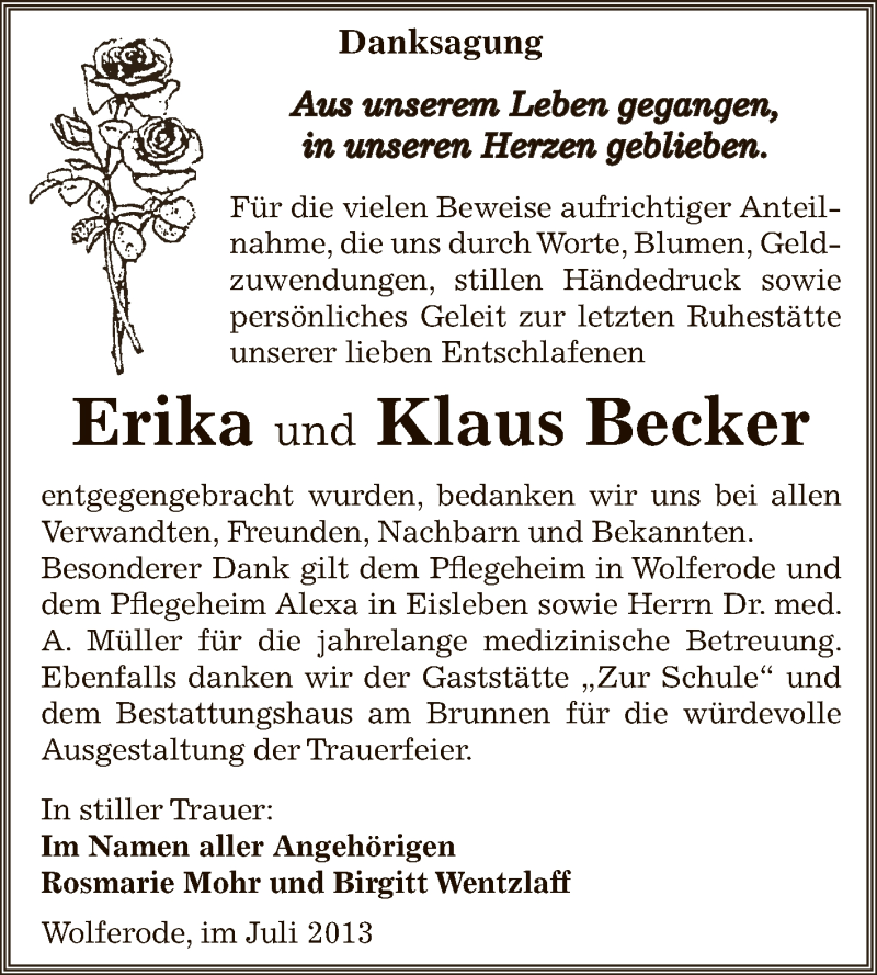  Traueranzeige für Erika Becker vom 24.07.2013 aus Wochenspiegel Mansfelder Land