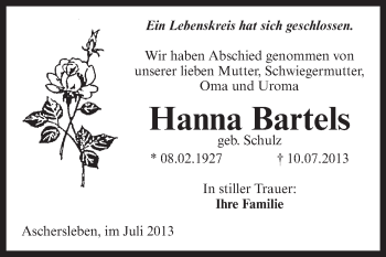 Traueranzeige von Hanna Bartels von WVG - Wochenspiegel Aschersleben