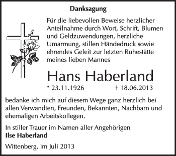 Traueranzeige von Hans Haberland von WVG - Wochenspiegel Wittenberg