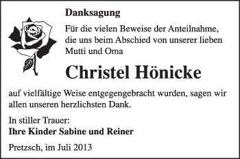 Traueranzeige von Christel Hönicke von WVG - Wochenspiegel Wittenberg