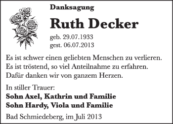 Traueranzeige von Ruth Decker von WVG - Wochenspiegel Wittenberg