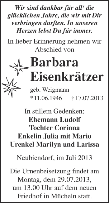Traueranzeige von Barbara Eisenkrätzer von WVG - Wochenspiegel Merseburg