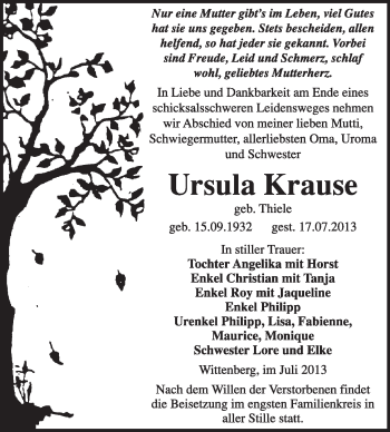 Traueranzeige von Ursula Krause von WVG - Wochenspiegel Wittenberg