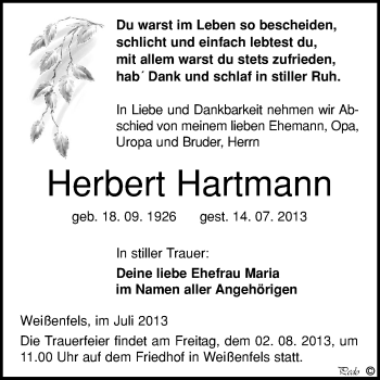Traueranzeige von Herbert Hartmann von WVG - Wochenspiegel NMB / WSF / ZTZ