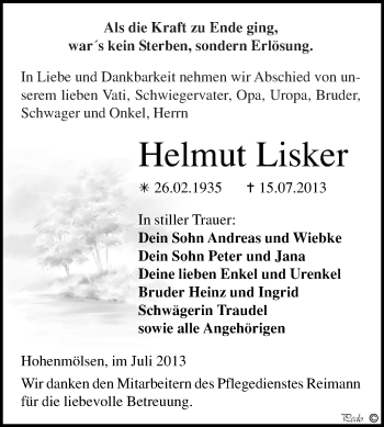 Traueranzeige von Helmut Lisker von WVG - Wochenspiegel NMB / WSF / ZTZ