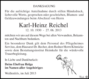 Traueranzeige von Karl-Heinz Reichel von WVG - Wochenspiegel NMB / WSF / ZTZ