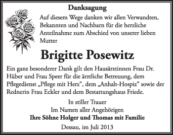 Traueranzeige von Brigitte Posewitz von Super Sonntag Dessau / Köthen