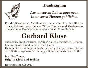 Traueranzeige von Gerhard Klose von Wochenspiegel Mansfelder Land