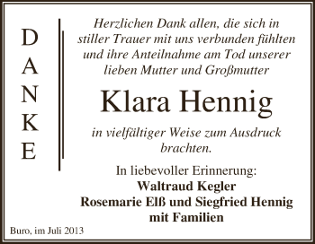 Traueranzeige von Klara Hennig von WVG - Wochenspiegel Dessau / Köthen