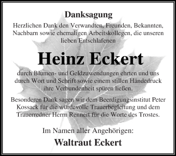 Traueranzeige von Heinz Eckert von WVG - Wochenspiegel Dessau / Köthen