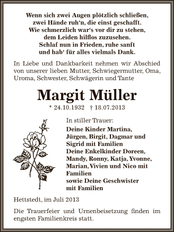Traueranzeige von Margit Müller von Super Sonntag SGH Mansf. Land