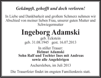 Traueranzeige von Ingeborg Adamski von Super Sonntag Aschersleben