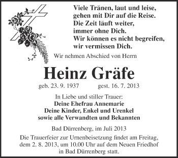 Traueranzeige von Heinz Gräfe von Super Sonntag Merseburg