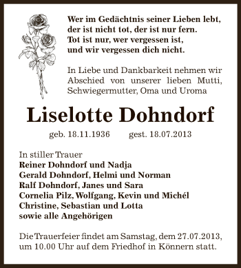 Traueranzeige von Liselotte Dohndorf von Super Sonntag Bernburg