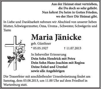 Traueranzeige von Maria Jänicke von Super Sonntag Wittenberg
