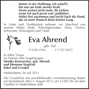 Traueranzeige von Eva Ahrend von WVG - Wochenspiegel Quedlinburg
