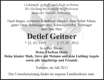 Traueranzeige von Detlef Geitner von WVG - Wochenspiegel NMB / WSF / ZTZ
