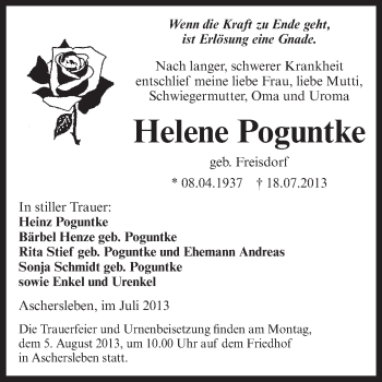 Traueranzeige von Helene Poguntke von WVG - Wochenspiegel Aschersleben