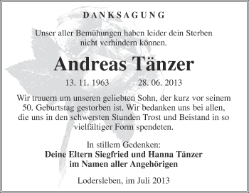 Traueranzeige von Andreas Tänzer von WVG - Wochenspiegel Merseburg