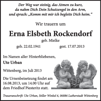 Traueranzeige von Erna Elsbeth Rockendorf von Super Sonntag Wittenberg