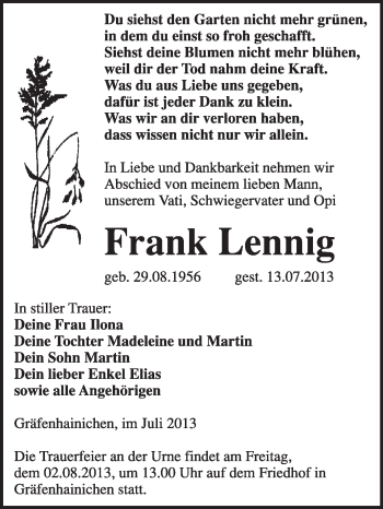 Traueranzeige von Frank Lenning von WVG - Wochenspiegel Wittenberg