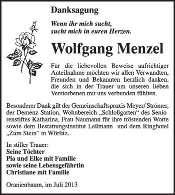 Traueranzeige von Wolfgang Menzel von WVG - Wochenspiegel Wittenberg