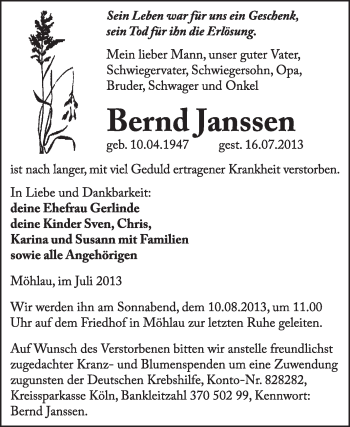 Traueranzeige von Bernd Janssen von WVG - Wochenspiegel Wittenberg