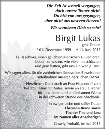Traueranzeige von Birgit Lukas von Super Sonntag Wittenberg