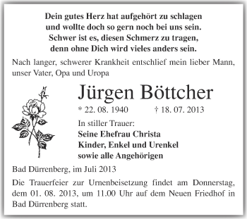 Traueranzeige von Jürgen Böttcher von Super Sonntag Merseburg
