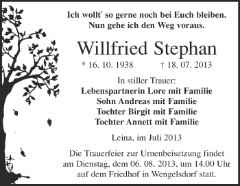 Traueranzeige von Willfried Stephan von Super Sonntag Merseburg