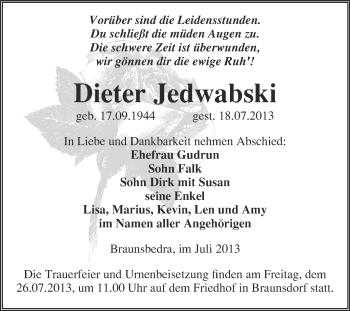 Traueranzeige von Dieter Jedwabski von WVG - Wochenspiegel Merseburg