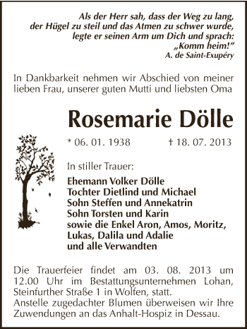 Traueranzeige von Rosemarie Dölle von WVG - Wochenspiegel Bitterfeld
